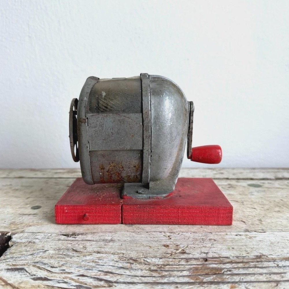 Vintage‎ Pencil Sharpener on Wooden Base Metal Red Manual Desk Accessory